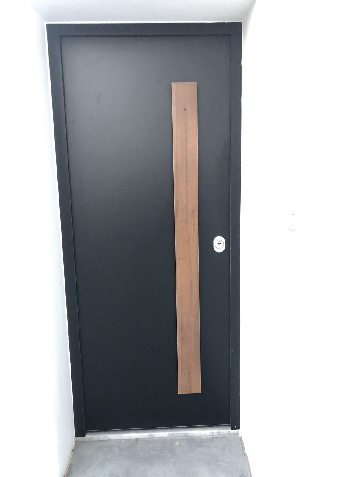 Black door with vertical timber inlay