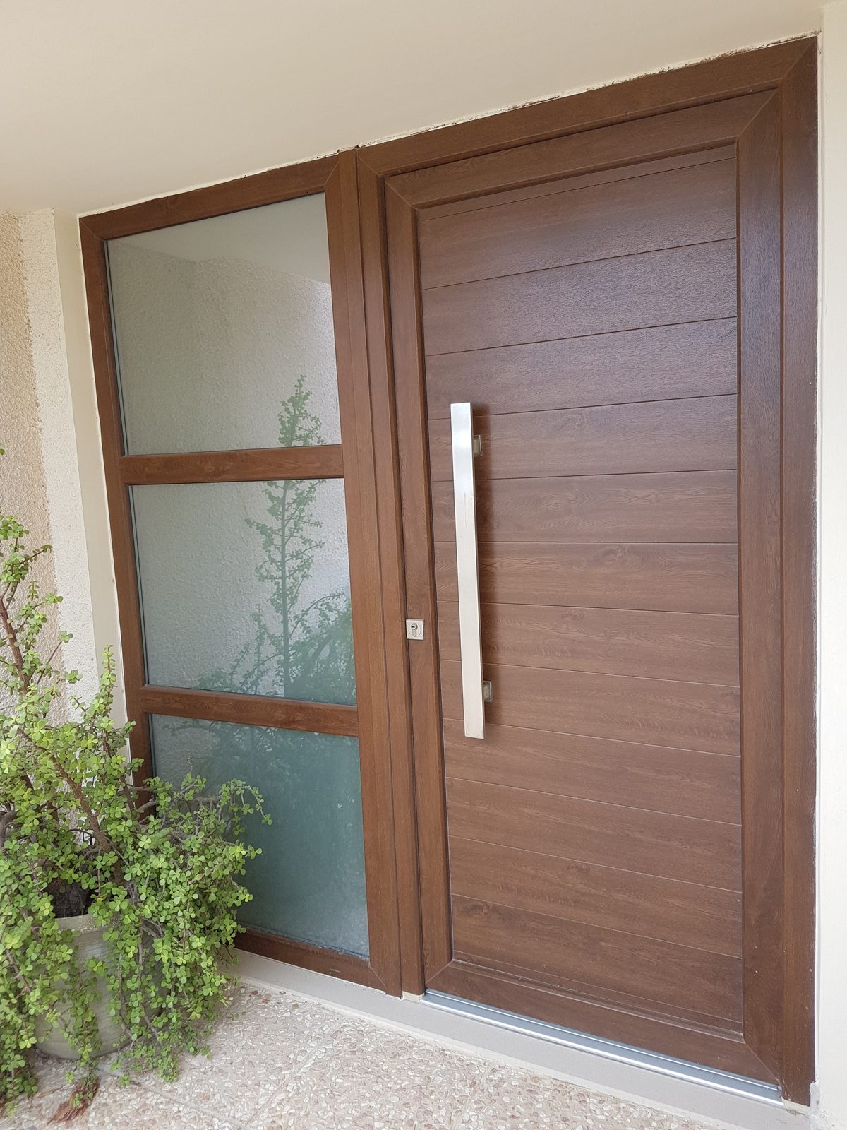 Timber pivot door with glazed sidelight
